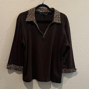 Karen Scott Brown Long Sleeve Top with Leopard Accents size XL